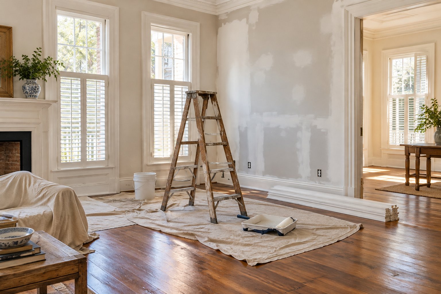 Charleston living room mid-repair with drop cloths, a ladder, and freshly patched walls